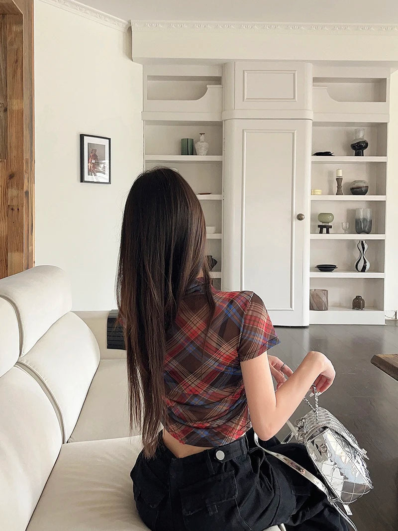 Genayooa Y2k Vintage Mesh Tops Short Sleeve See Through Plaid T Shirt Women Streetwear 2000s Japanese Fariycore Tee Tops Summer