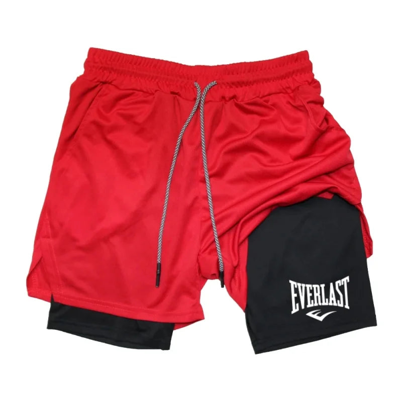 Men's compression gym shorts, EVERLAST printed sports pants, double layered, quick drying, basketball, beach, muscle, fitness