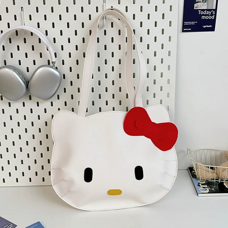 Sanrio Hello Kitty Shoulder Bags Cute Cartoon Bow Large Capacity PU Handbag Y2k Fashion Student Commuting Tote Bag for Girl Gift