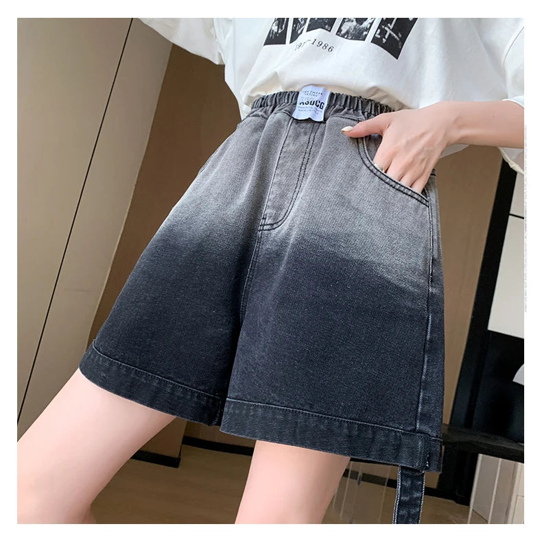 Gradient Plus Size Denim Shorts For Women Summer 2024 New High Elastic Waist Pockets Wide Leg Loose Jean Short Femme Hot Sale