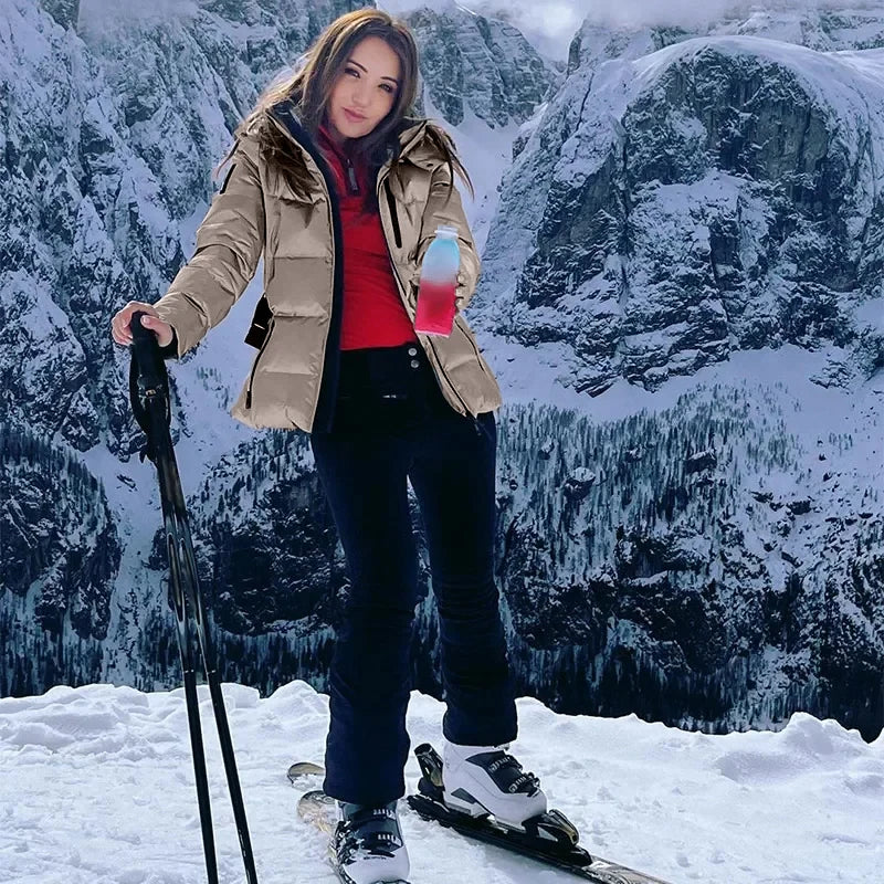 Fashion Hooded Padded Coats With Belt Women Slim Stand Collar Full Sleeve Pocket Coat Winter Lady Thicken Warm Skiing Jacket