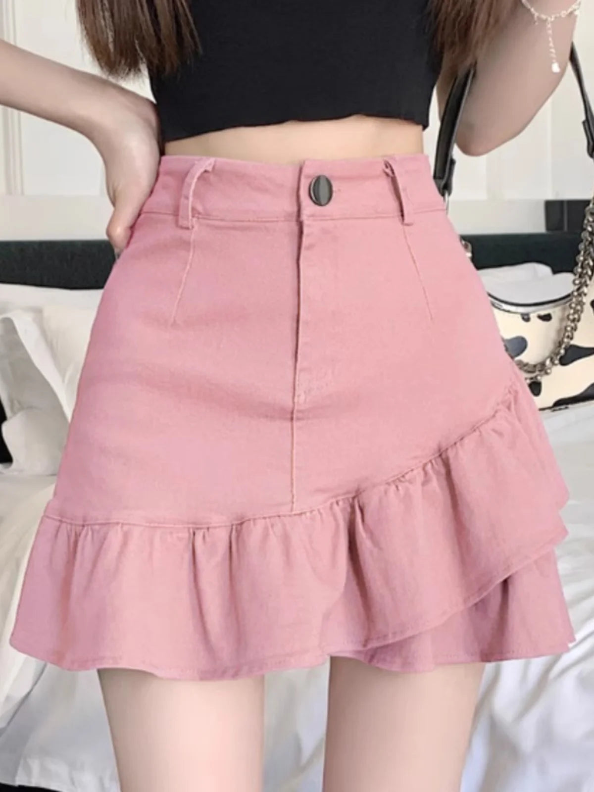 High Waist A-Line  Skirt Women's Spring Summer Denim f-length Skirts with Lace Hemline Cotton Polyester Blend