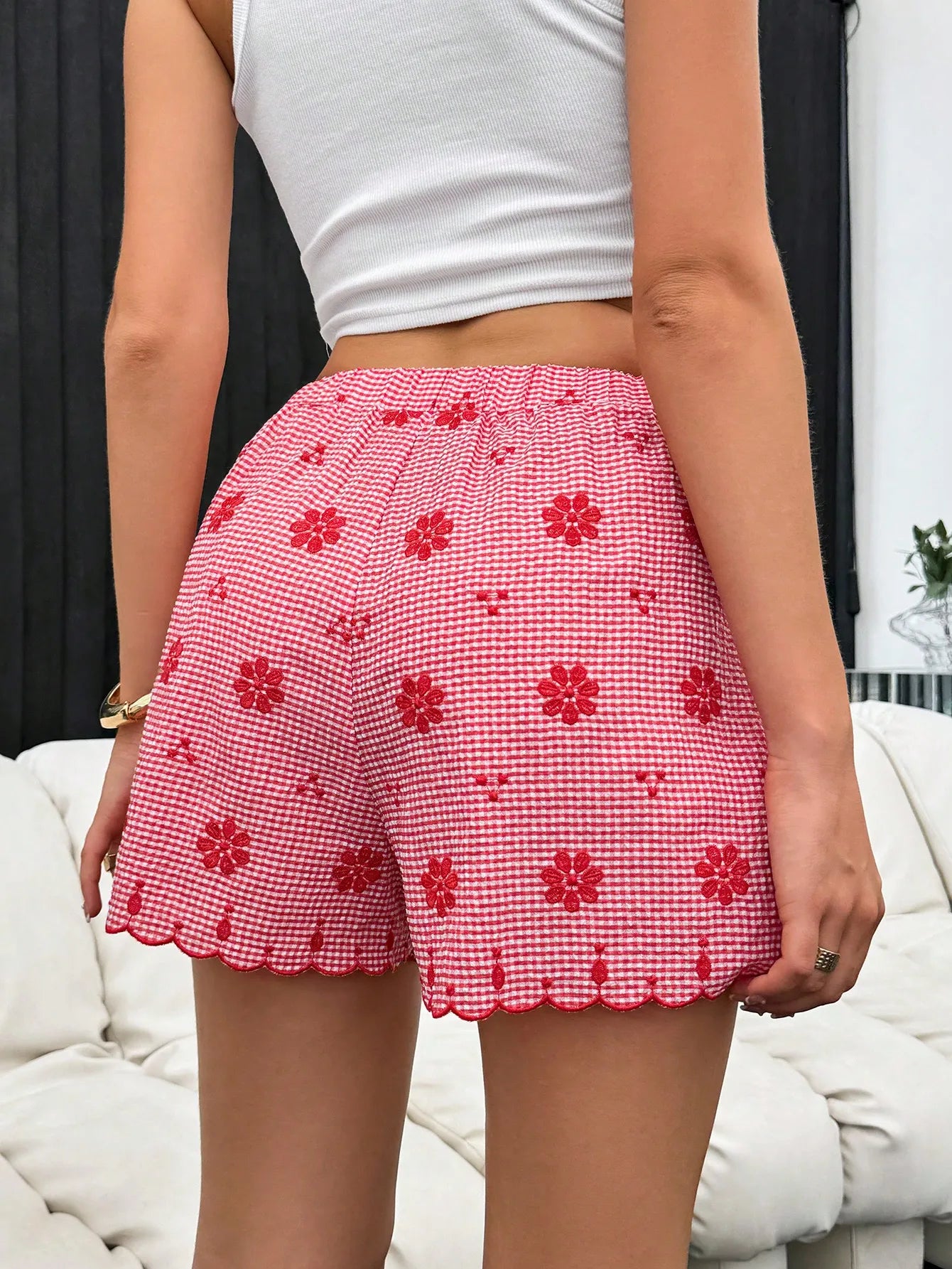 Women's Shorts Y2K High Waist Red 25 Spring Summer Plaid Button Front Ruffled Hem Casual Retro Beach Vacation Essentials