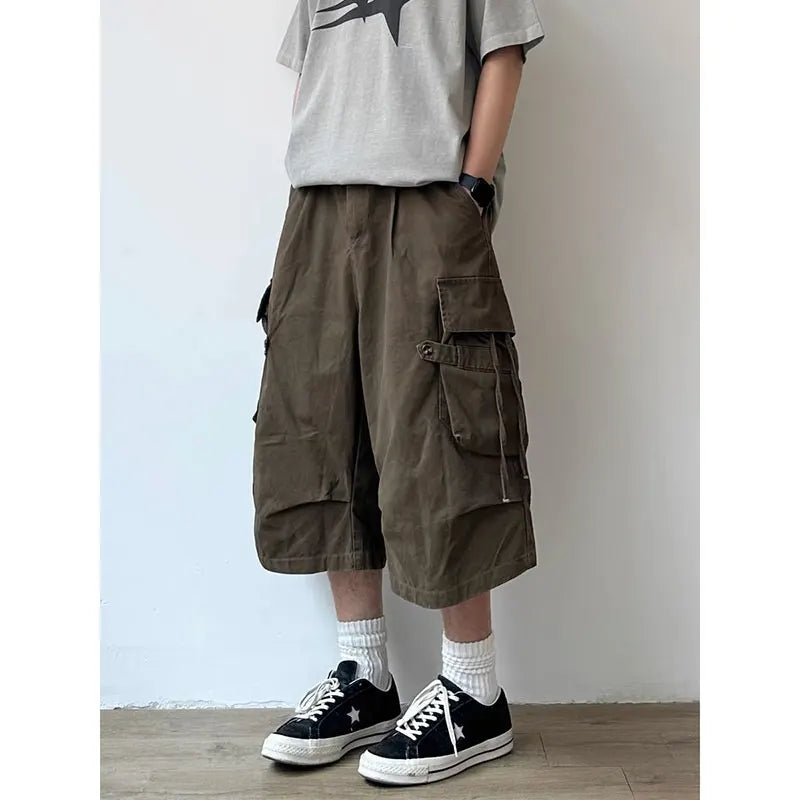 Vintage Brown Cargo Shorts Women Oversized Y2k Grunge Cropped Pants Wide Leg Hip Hop Style Streetwear Baggy Pockets Short Pant