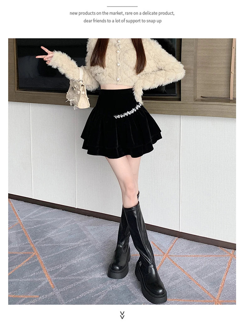 Bla Velvet Cake f Skirt Women's Autumn Winter High Waist A-Line Fluffy ort Skirt Small Size Pleated f Skirt