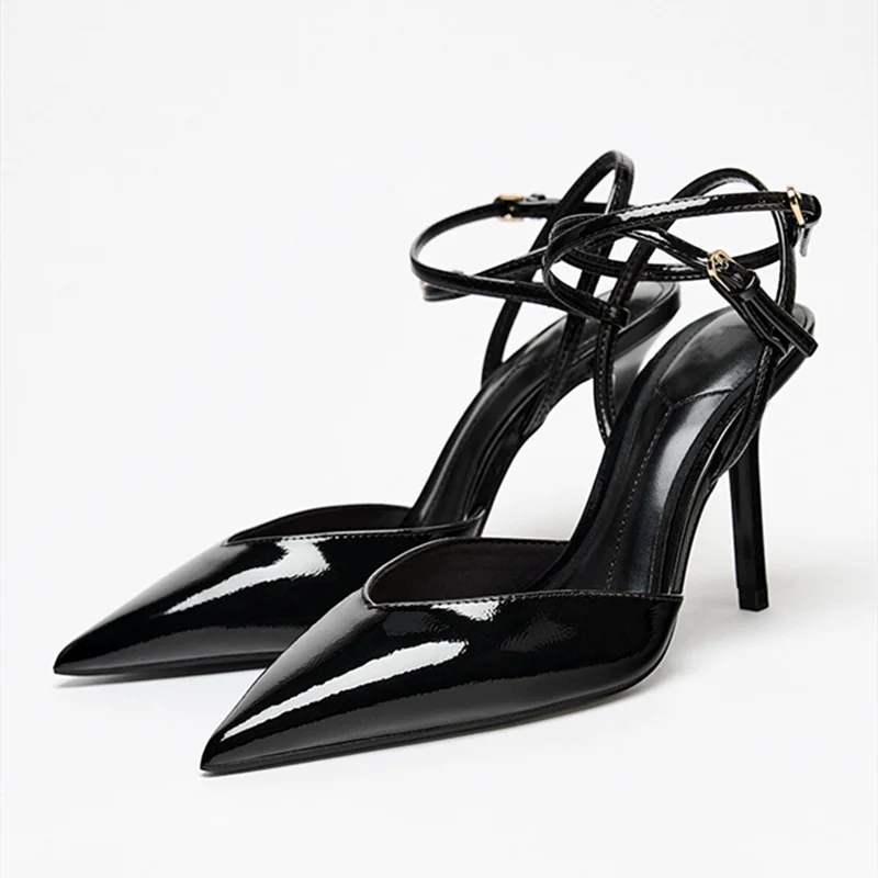 Sexy Pointed Toe Patent Leather Women Pumps Elegant Ankle Strap Buckle High Heels Luxury Designer Shoes Mules Heeled Sandals