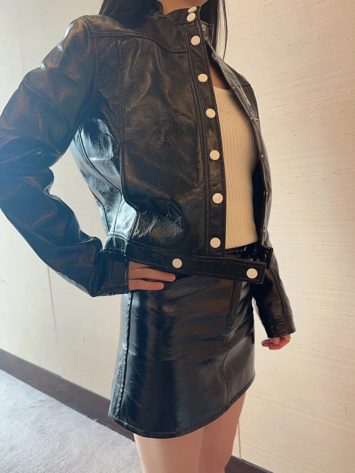 ort PU Jaet High Collar Bright Surface Color Blo Classic Bestseller Street Sle Long Sve Women's Leather Coat