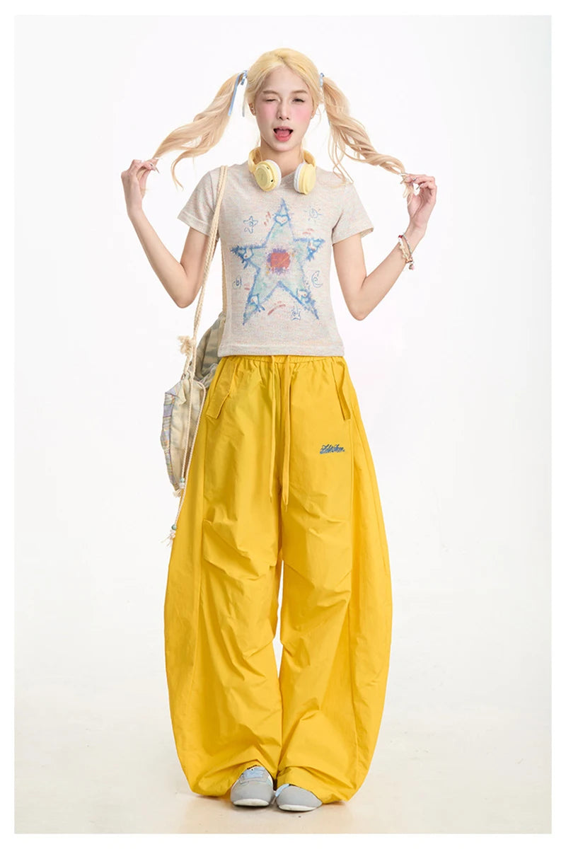 Zoki Streetwear Yellow Cargo Pants Women Vintage Letter High Waist Y2K Wide Leg Trousers High Quality Loose Paratrooper Pants