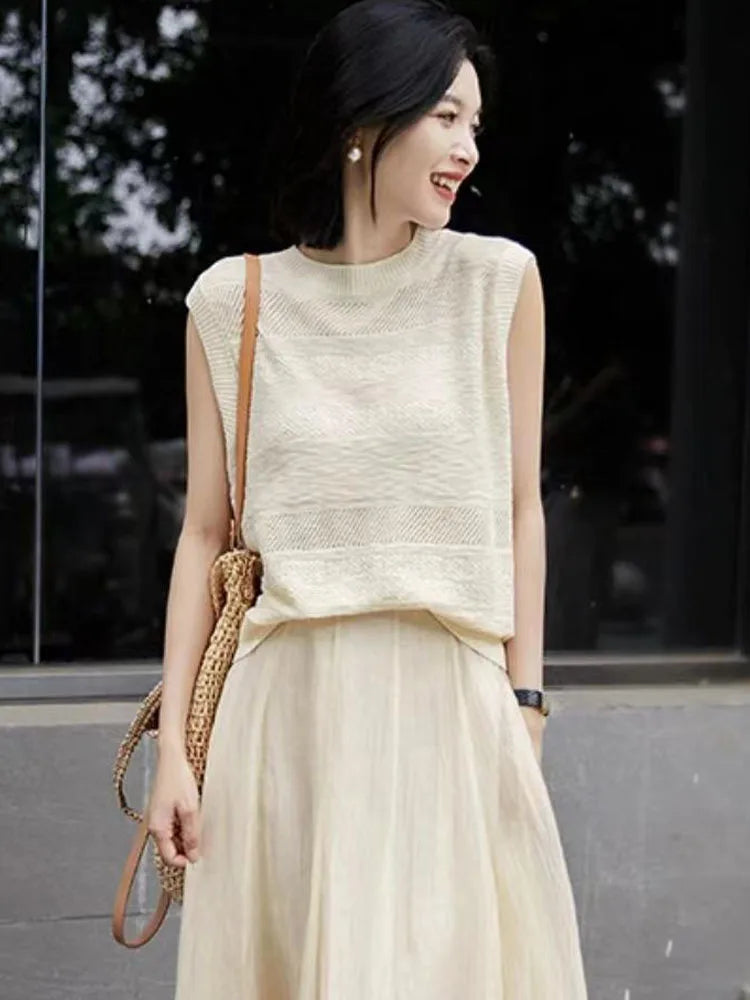 Women's Fashion Sleeveless Tees ONeckPullover Summer Worsted Wool Top Hollow Out T-Shirts Simple Elegant And Smooth Cool Comfort