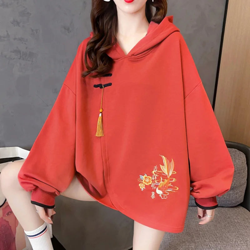 Chinese Style Lucky Carp Embroidery Loose Hoodies Women Drop Shoulder Buckle Tassel Hooded Sweatshirt Female Vintage Clothes