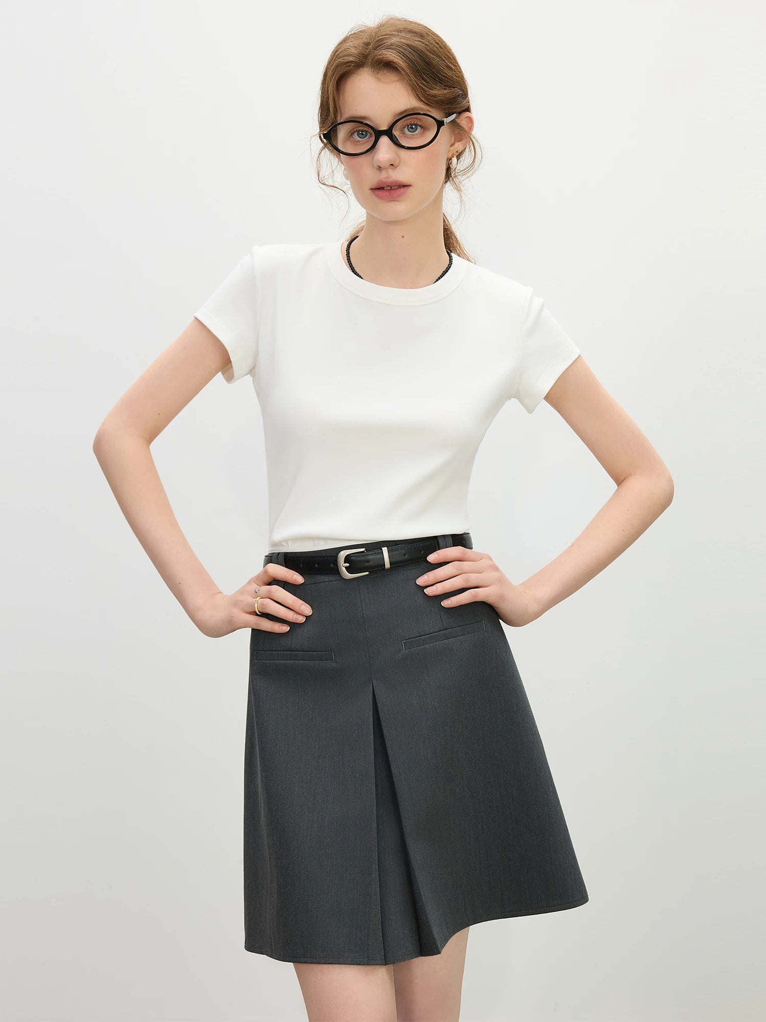 FSLE MInimalism Style Pink Straight Shoulder Short-sleeved T-shirt for Women 2025 Summer New Slim Fit Round Neck Top 25FS12113