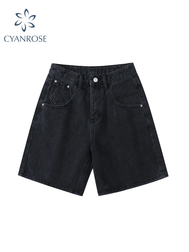2025 Summer Women's High Waist Denim Shorts Casual Loose Ladies Plus Size Streetwear Fashion Button Wide Leg Short Jeans Female