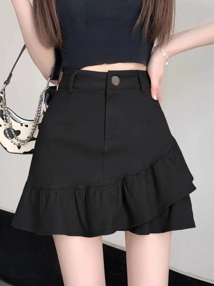 High Waist A-Line  Skirt Women's Spring Summer Denim f-length Skirts with Lace Hemline Cotton Polyester Blend