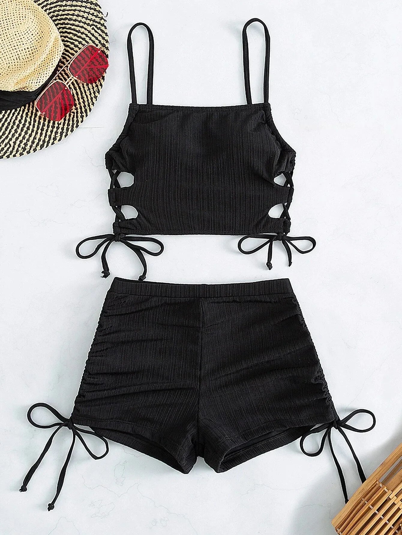 Sexy Bikini 2024 Women White Black Hollow Out Push Up Padded Two Piece Swimsuit Summer Bathing Suit Lace Up High Waist Swimwear