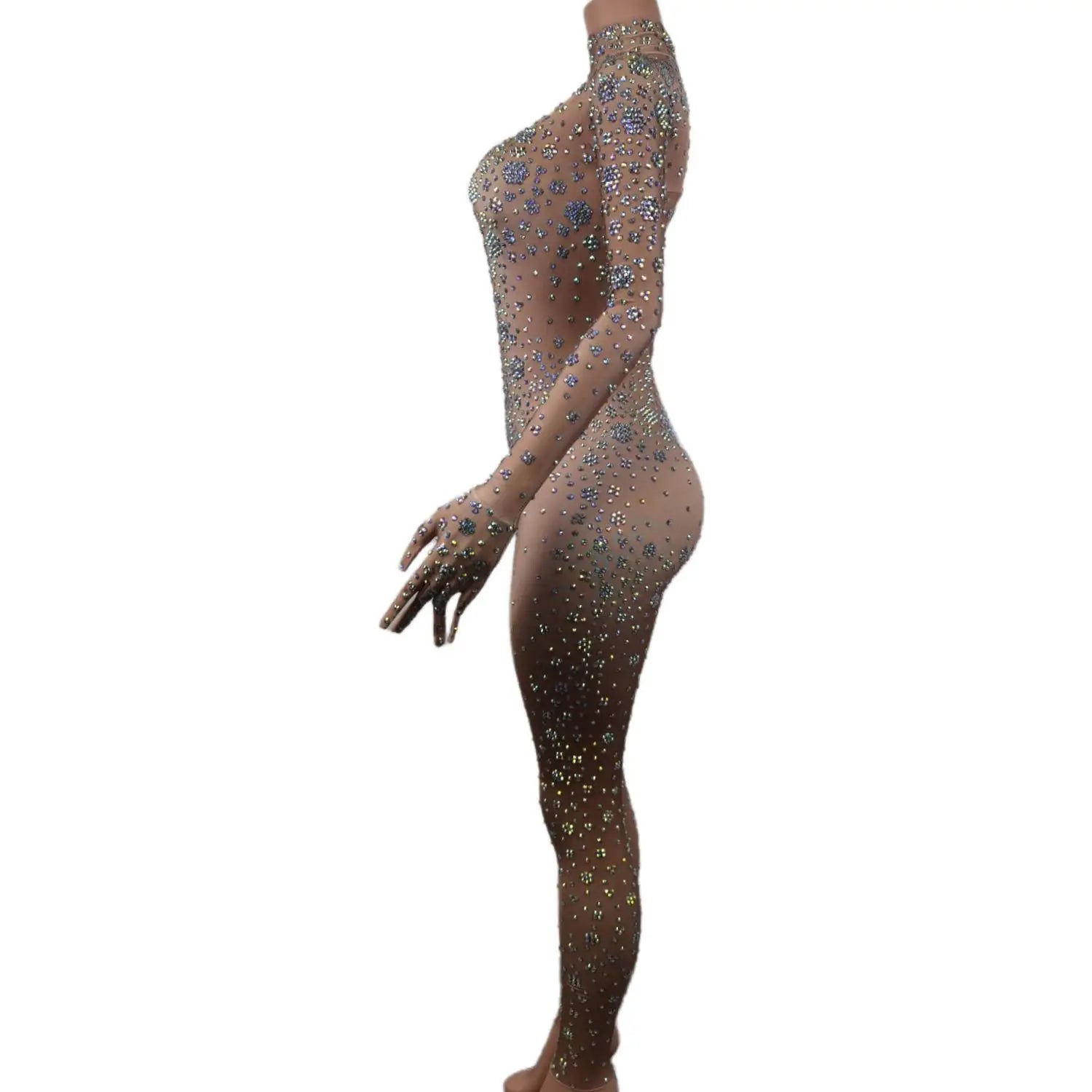 Luxury Nude See Through Rhinestone Bodysuit Fashion Outfits Show Dance wear Club Party Rompers Crystal Mesh Jumpsuits for Women