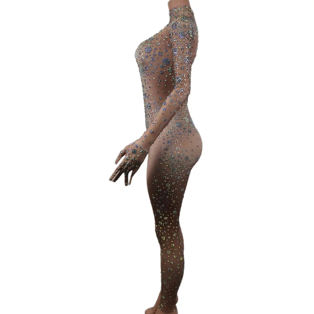 Luxury Nude See Through Rhinestone Bodysuit Fashion Outfits Show Dance wear Club Party Rompers Crystal Mesh Jumpsuits for Women