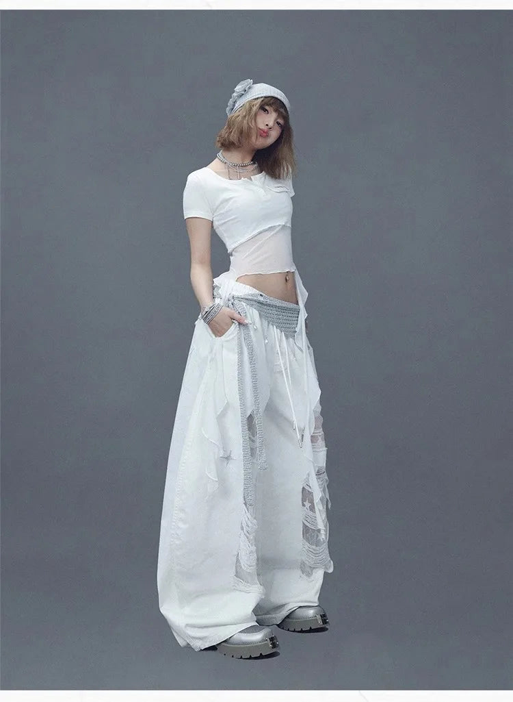 CBXLAB Street Dance Women'sWhite denim patchwork distressed dance pants with long design for jazz dancers, spicy and casual