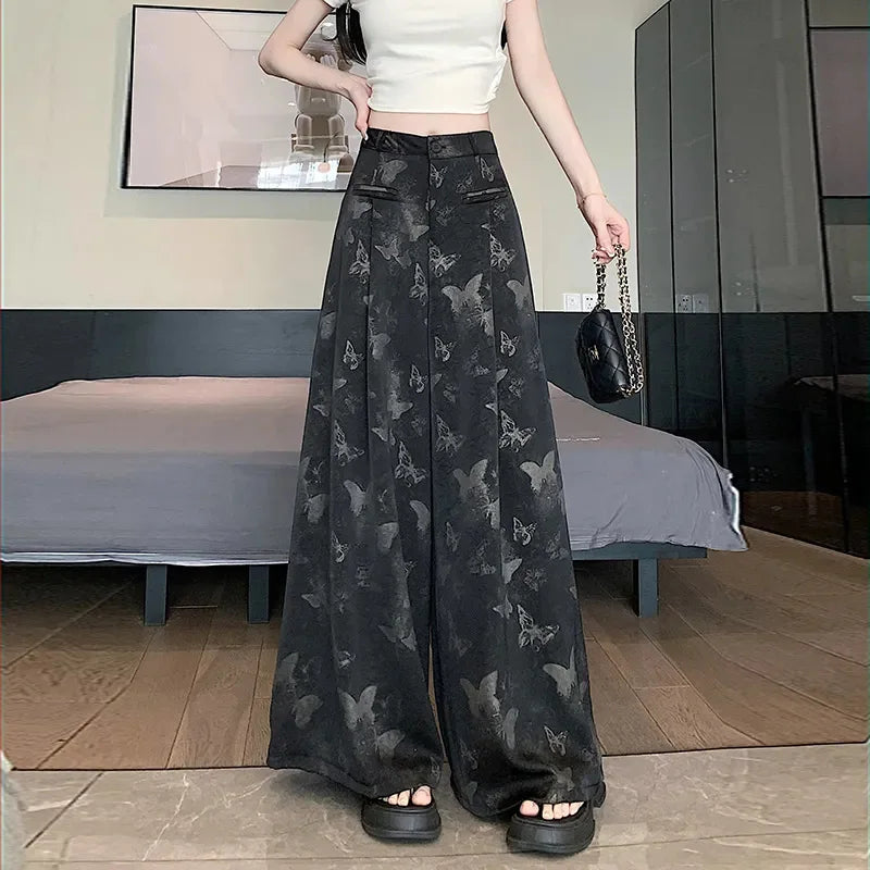 Zoki Bufferfly Print Satin Wide Leg Pant Women Loose Elegant Fashion High Waist Korean Trousers Casual Sweet High Quality Pants