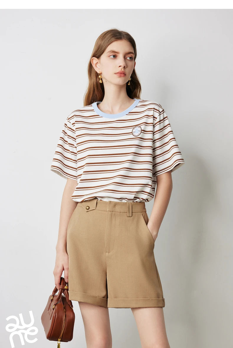 TOYOUTH Women Striped Short Sleeved T-shirt 2024 Summer New Academy Style Round Neck Top