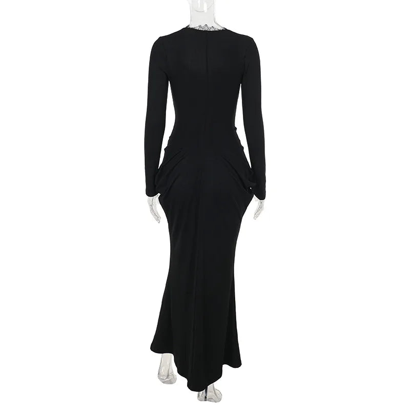 AltGoth Fairycore Grunge Elegant Midi Dress Women Mall Gothic Sexy Lace Patchwork Hollow Out Long Sleeve High Waist Corset Dress