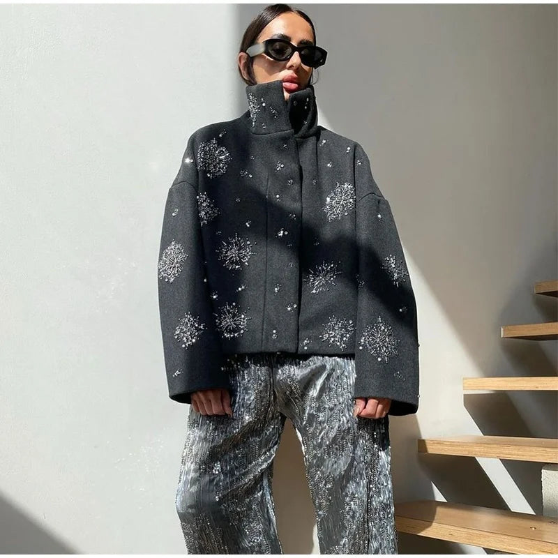 Casual Embroidery Beading Loose Women Coat Lapel Collar Bat Sleeve Solid Wool Blend Jacket 2025 New Lady Luxury Spring Outerwear
