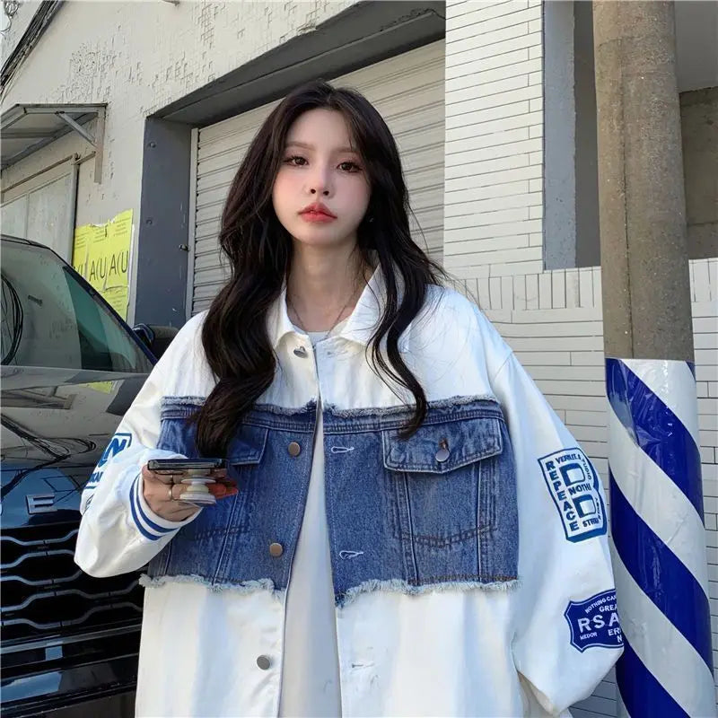 Denim Jacket Embroidered Baseball Uniforms Bomber Jackets Streetwear Harajuku Y2k Tops Trench Coats Hip Hop Long Sleeve Coats