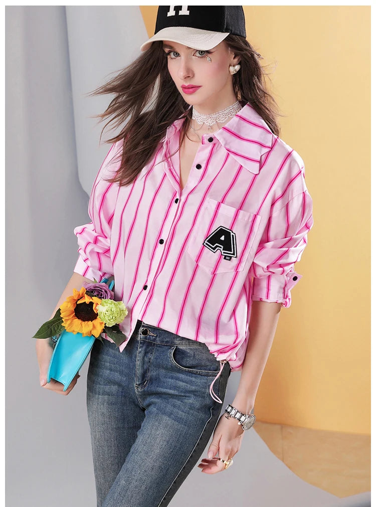 Women’s Cropped Loose Fit Striped Shirt with Letter Patch, Casual Button Down Blouse, Pink Streetwear Long Sleeve Top