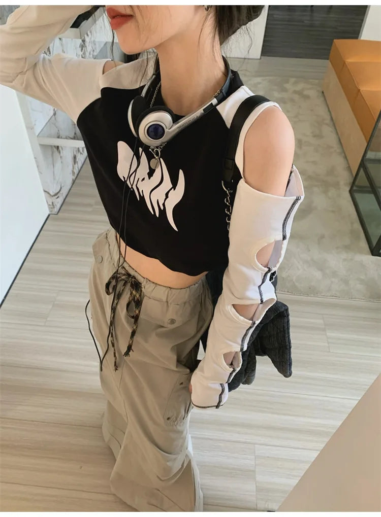 Female Off Shoulder Long Sleeve Tops European and American Sexy Women's Short Slim Navel Print T-Shirt Y2k Vintage Gothic Autumn