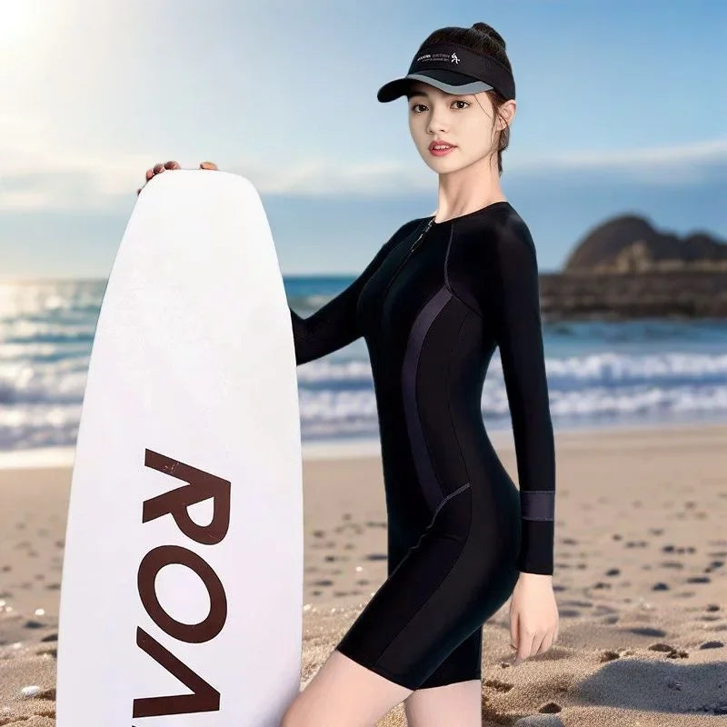 Conservative One-Piece Swimsuit for Women Long Sleeve Thermal Spa Swimwear Slimming Hide Meat Effect Surfing Thermal Spa Swimsui