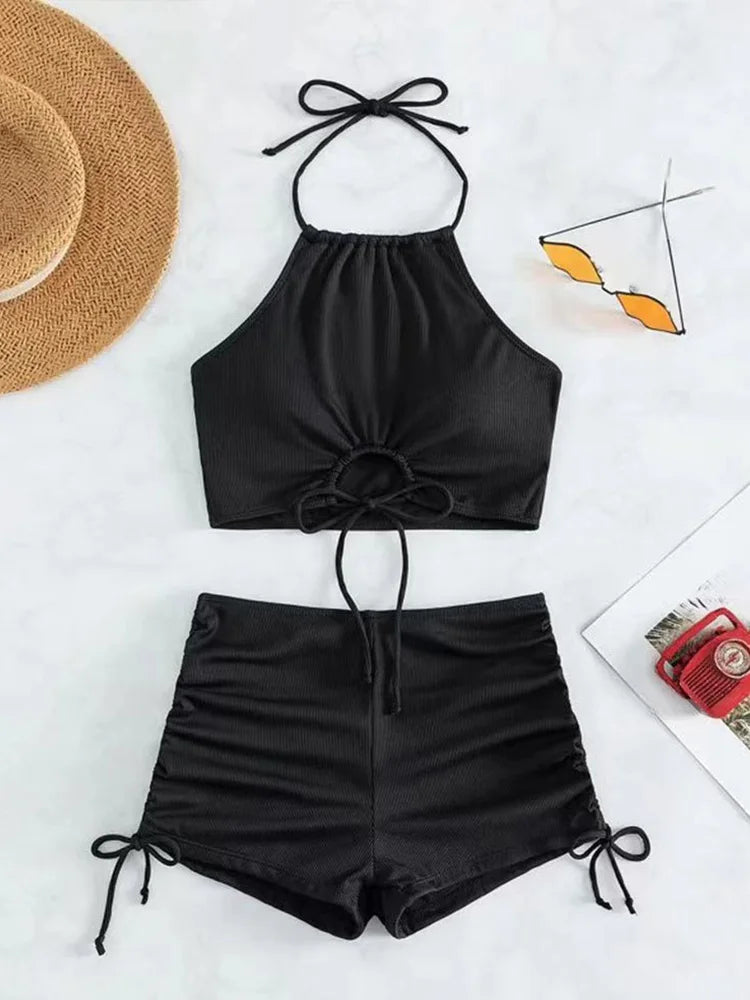 AOTVOTEE Sexy Leopard Bikini Shorts 2 Piece Set Women Laced Up Split Swimsuit Beach Bikini 2025 New Summer Swimwear Bikinis Set