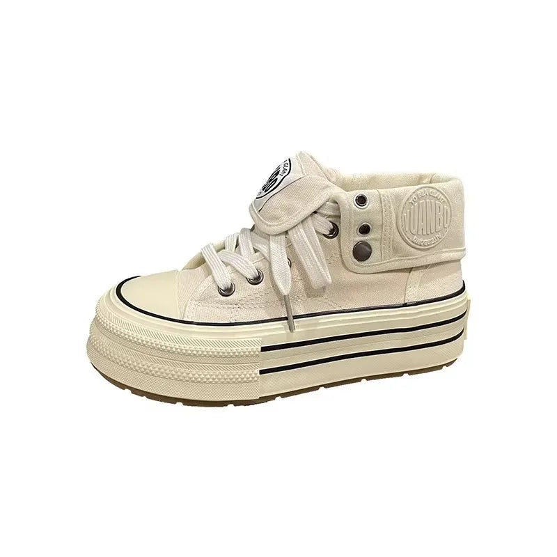 Women's High Top Thick Bottom Canvas Shoes Spring New Style Student Retro Heightening Casual Board Shoes Rubber Outsole