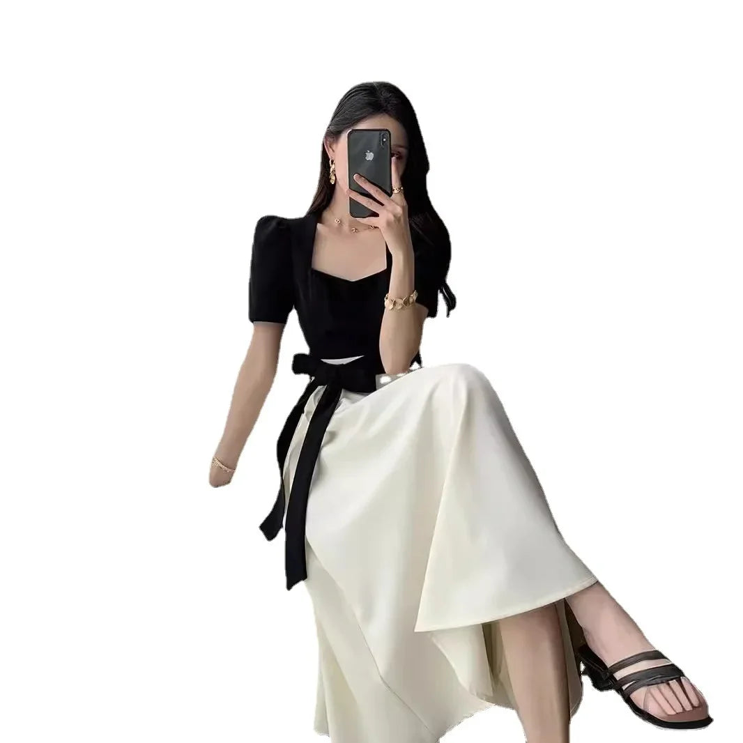 Elegant High-waisted Slimming Black Square Collar Long Dress 2024 New Style Vintage French Fashion For Women