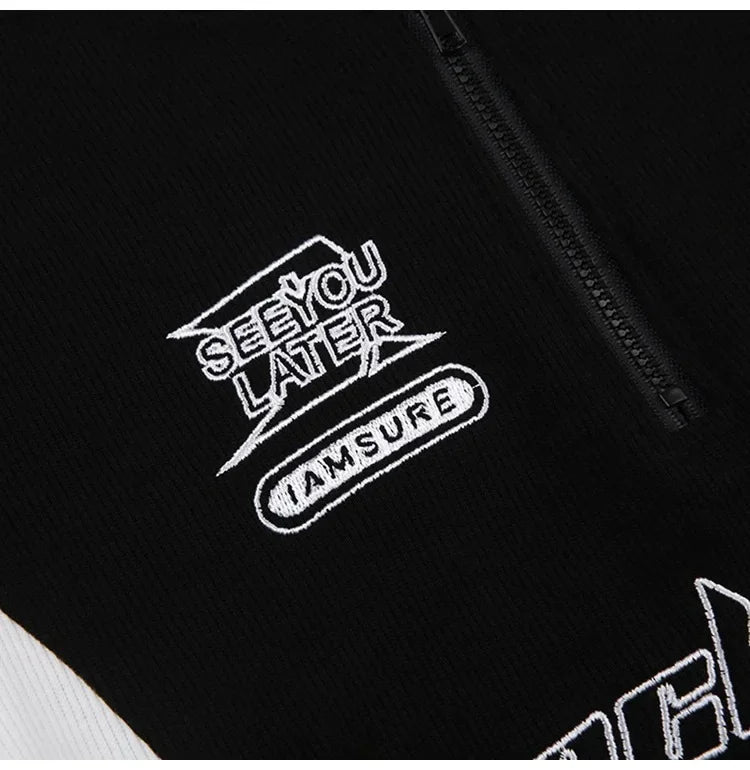 Summer New Pure Desire Spicy Girl Patchwork Contrast Color Embroidery Slimming Zipper Short Sleeve T-Shirt Women's Top