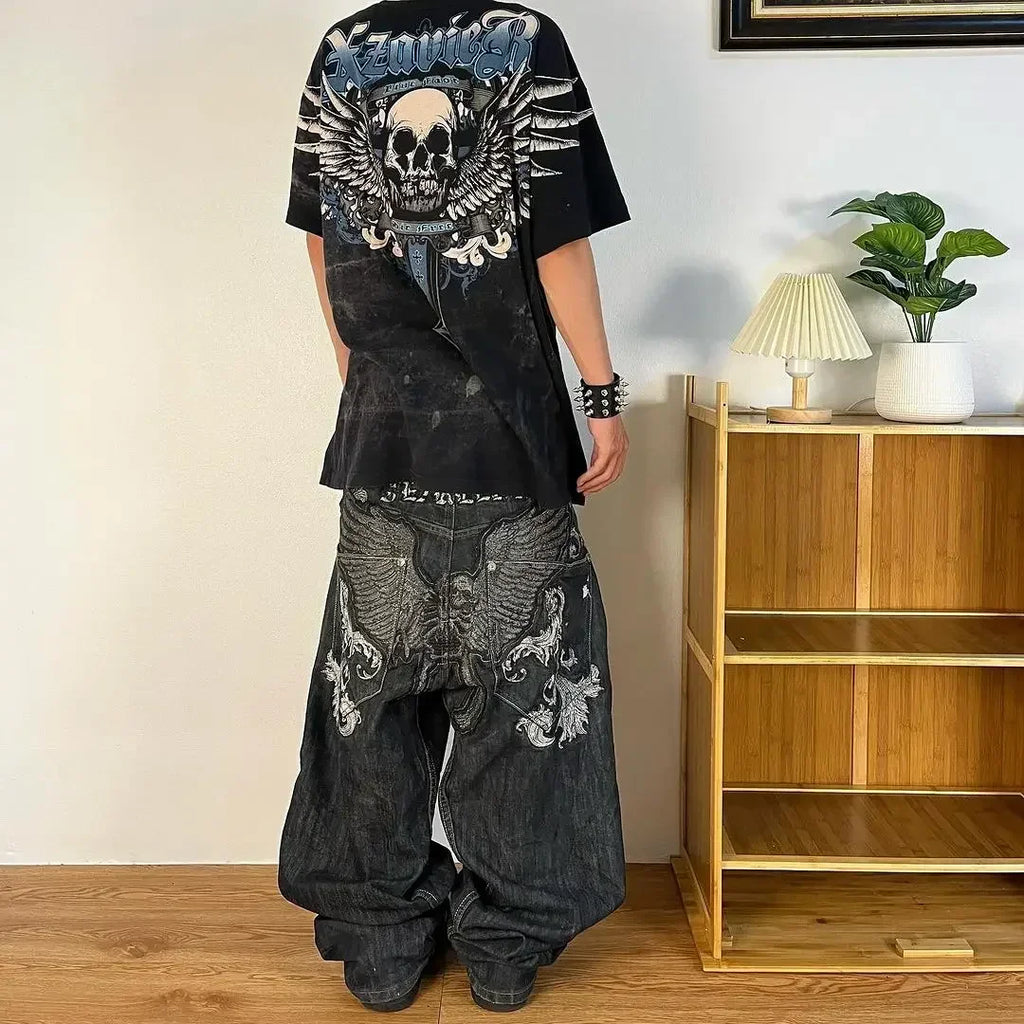 Streetwear Y2K Harajuku hip-hop letter embroidery black loose jeans for men and women fashion retro new trend sports trousers
