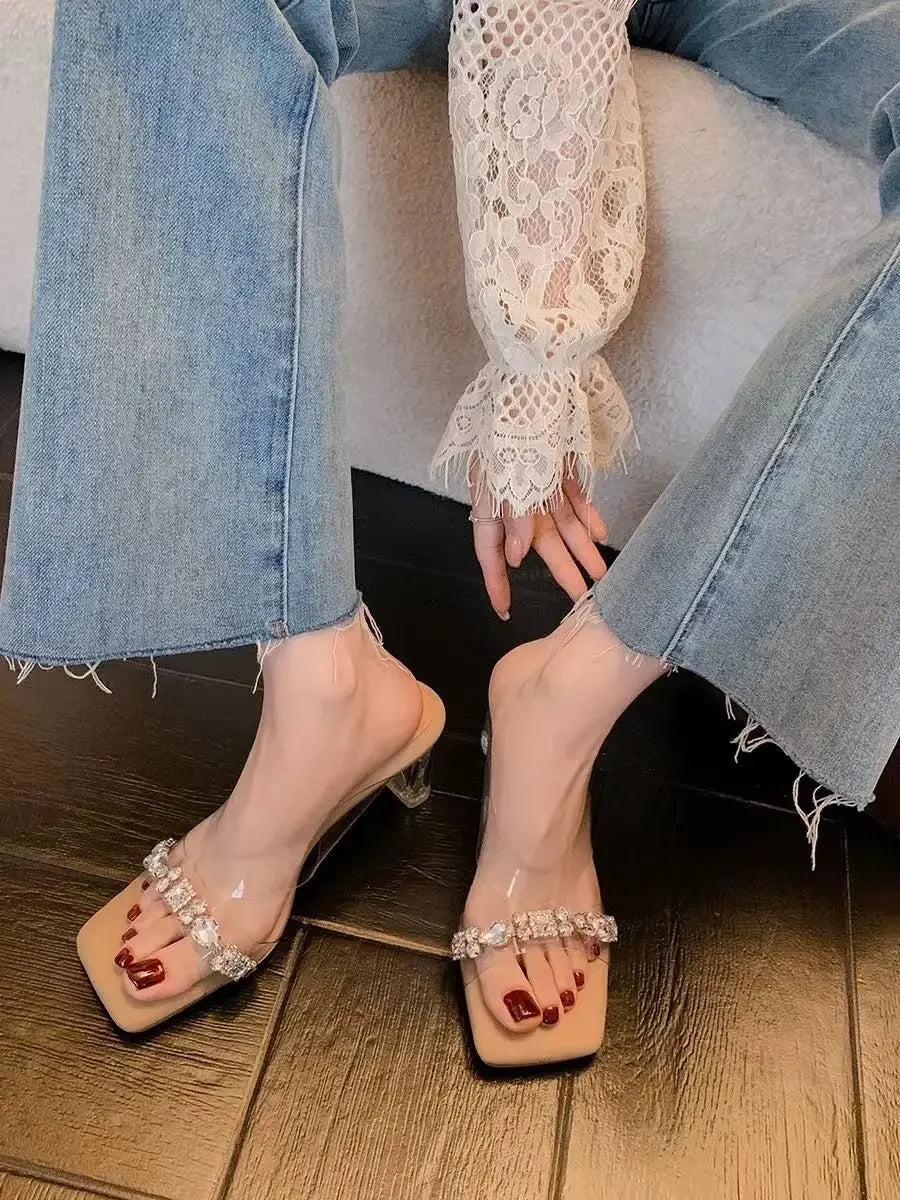 Transparent Crystal Sandals Women's Mid Heel High Heels Summer New Outdoor Wear Diamond Studded Fashionable Rubber Sole