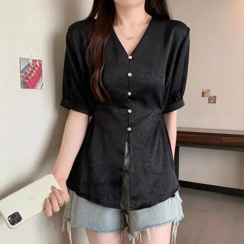 Women Clothes Summer Fashion Korean Button Solid Color V-neck Puff Sleeve Female Simplicity Elegant Temperament Short Sleeve Top