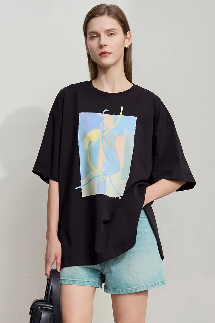 Amii Minimalist Summer T-shirt Women Irregular Design Tops Casual O-neck Abstract Print Loose Dropped Shoulder T-shirt 12522081