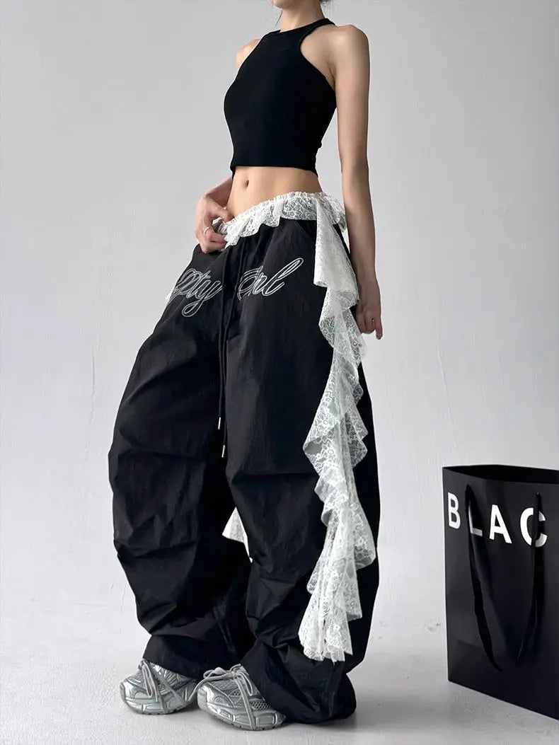 American retro black printed Spice Girls Street Dance Scimitar Pants Women's Loose Design Splicing Summer New Wide Leg Pants