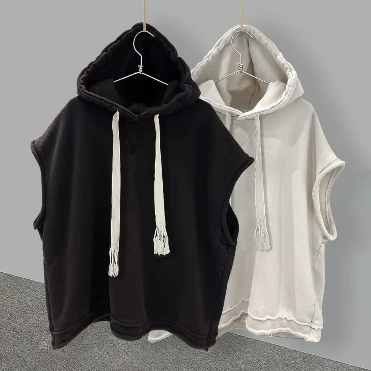 Trendy Brand Men's Sleeveless Hooded T-shirt Summer Ins Trendy Splicing Versatile Solid Color Shoulder Vest Loose-fit Cool