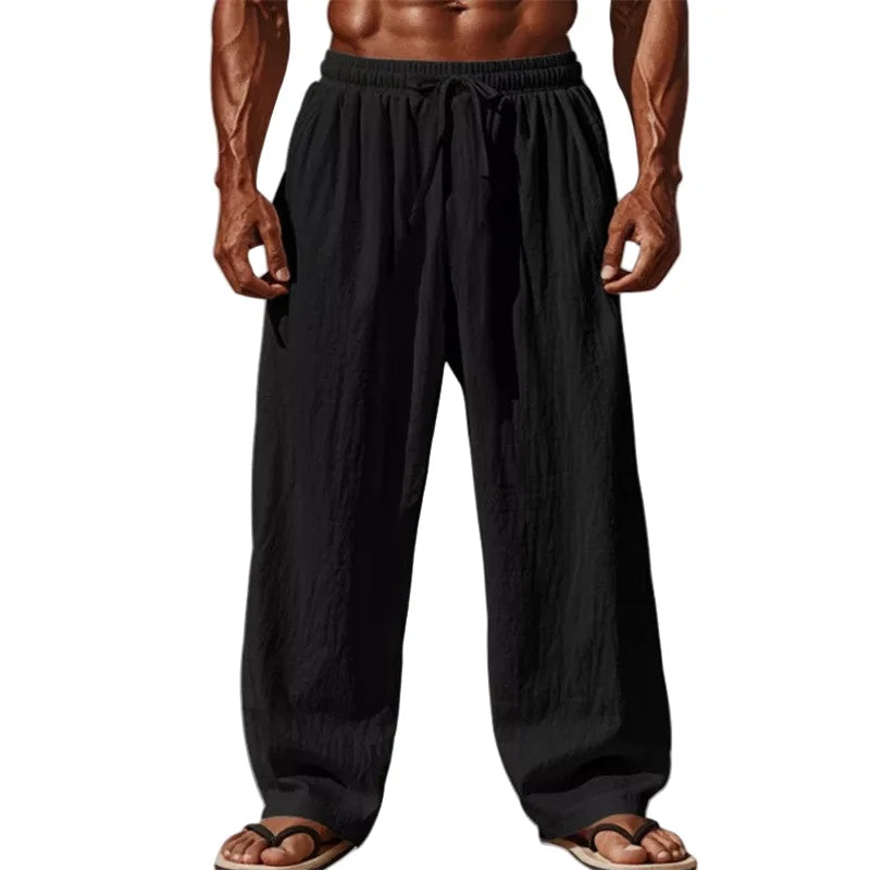 2025 New Men's Cotton and Linen Casual Pants Simple and Comfortable Straight Leg Pants Waist Drawstring Plus Size Looser