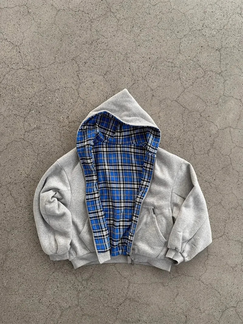 Casual Spring Oversized Reversible Hoodies for Men Street Clothes Hoodie with Plaid Lining Solid Color Sweatshirt Streetwear