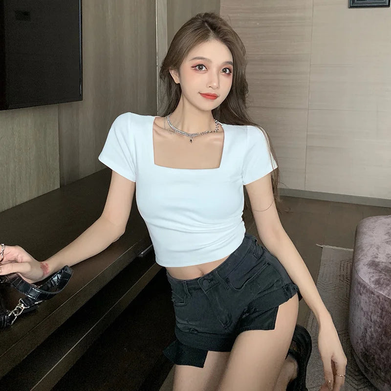 Women Slim Fit Square Neck Short Sleeve T-shirt High Waist Short Version Exposing Waist Outdoor Wear Base Shirt Top