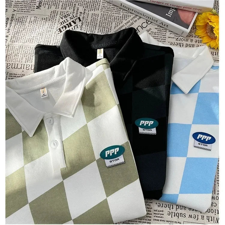 Vintage Preppy Style American Fashion Polo Shirt Men's Half Sleeve Casual Lapel Checkered Pattern T-shirt For Summer