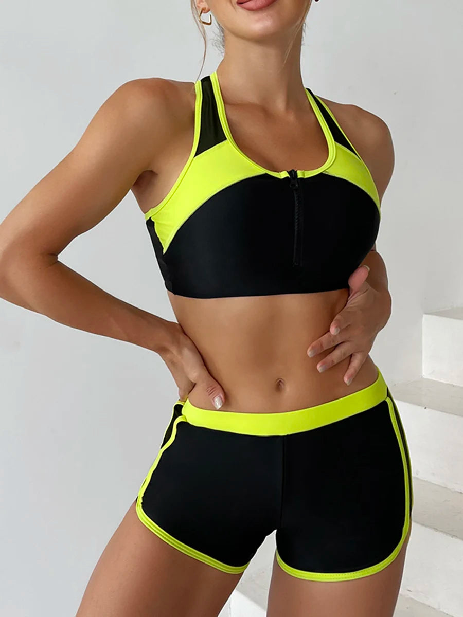 2025 Zipper Bikini Set Two Piece Swimsuit Women With Shorts Sports Swimwear Female Bathing Swimming Suit Beach Wear Summer