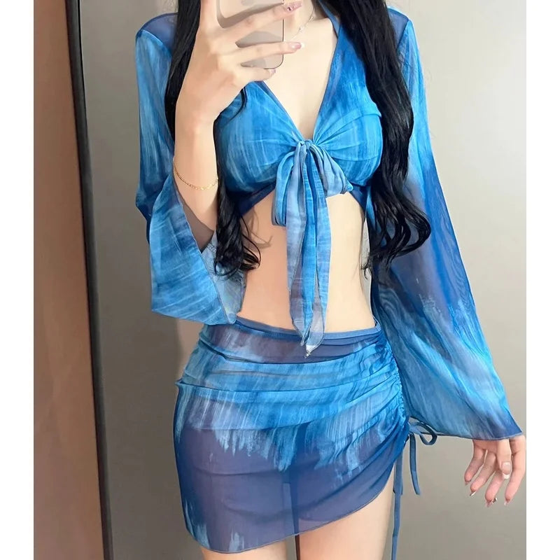 4 Piece Bikini Set Women Blue Tie Dye Mesh Long Sleeve Cover Up with Pleate Skirt Swimsuit Beach Bathing Suit Swimwear