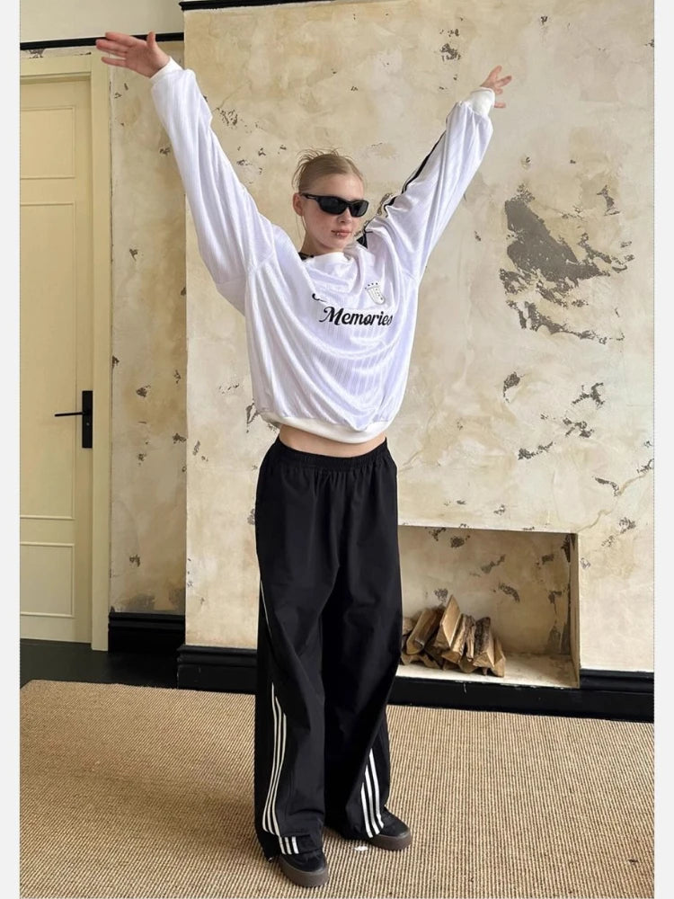 HOUZHOU Y2k Vintage Women Sweatshirts Sloping Shoulder Letter Printed Long Sleeve American Retro Hoodies Loose Gyaru Streetwear