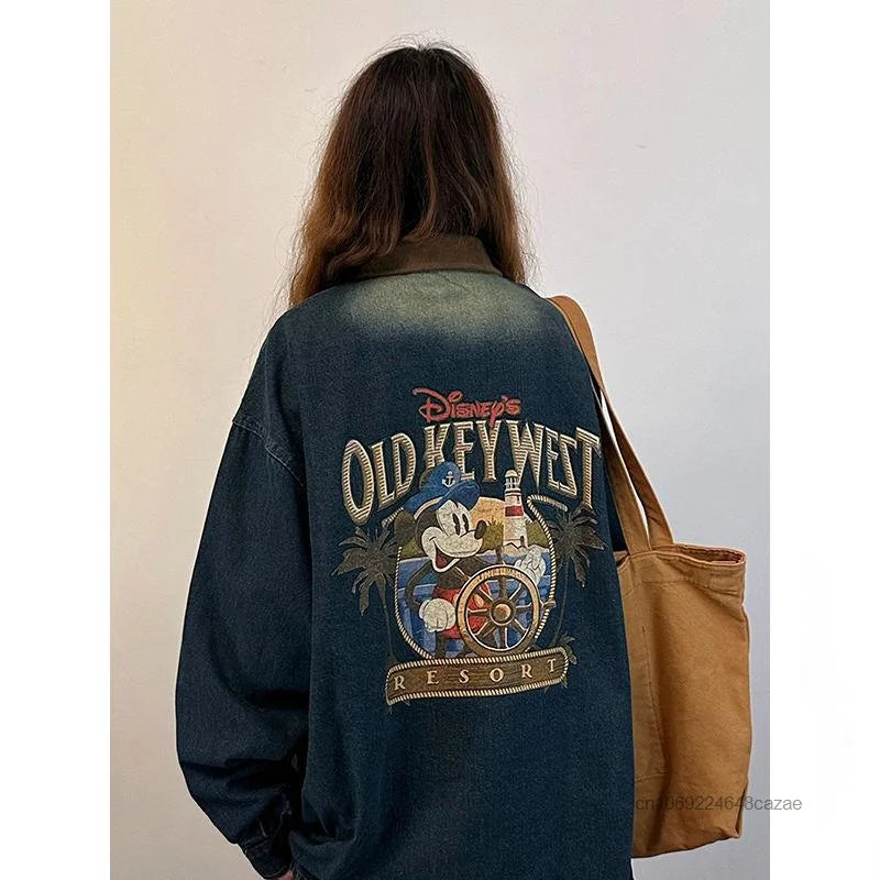 Disney Mickey Mouse American Vintage Print Denim Shirt Fashion Long Sleeve Women's Thin Jacket Spring New Trend Versatile Jacket