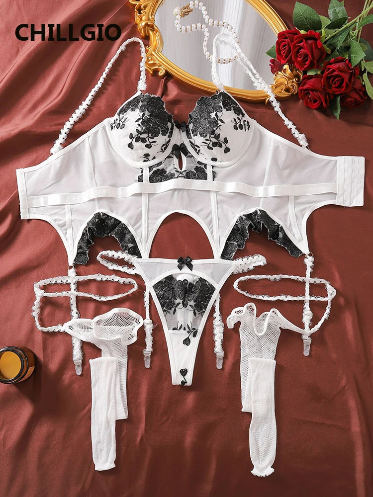 CHILLGIO Women Bodysuit Tops Embroidery Flowers Sexy Set Lingerie Sexy Thong Stockings Porn Fancy Sweet Underwear Bra Brief Suit