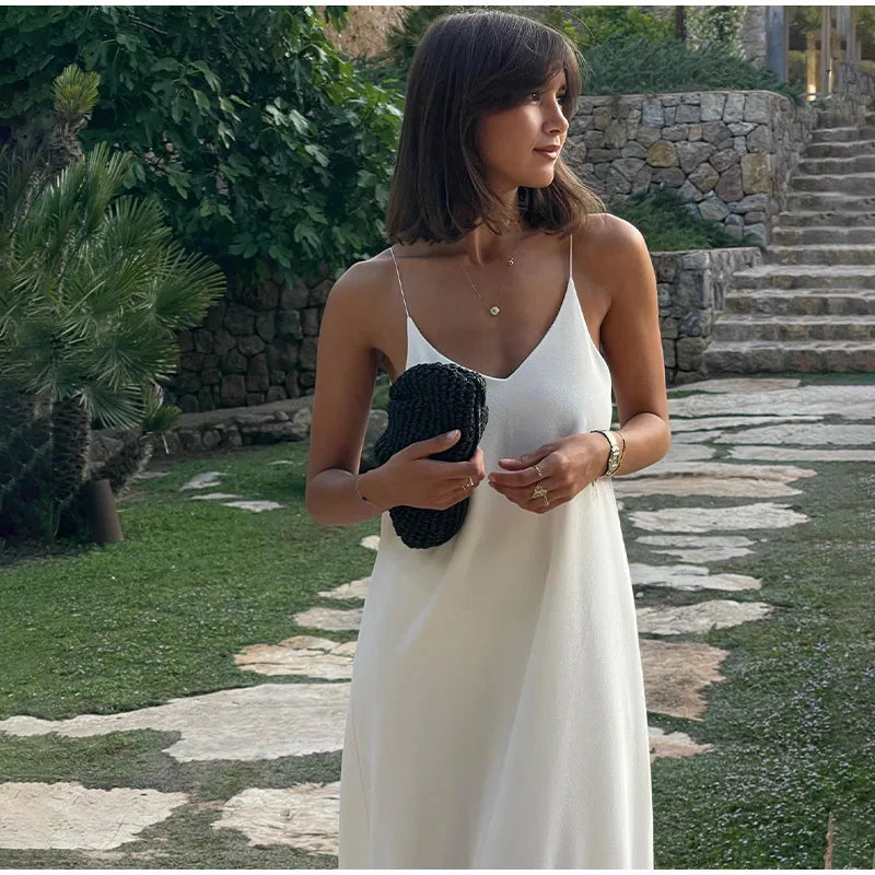 Elegant Women's Solid Backless Pleated Dress Fashion Patchwork Sleeveless Backless Long Dresses Lady Summer Holiday Beach Robes