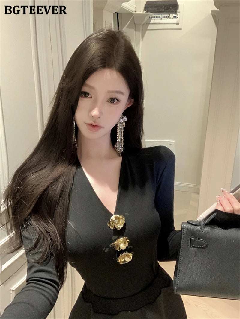 BGTEEVER Spring Elegant Ladies 2 Pieces Skirt Set Long Sleeve V-neck Pullovers & High Waist Loose A-line Skirts Women Outfits